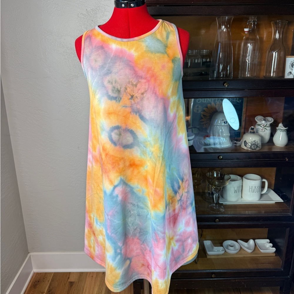 BomBom Boho Bright Color Tie Dye Sleeveless Swing  Cover Up Dress Size L